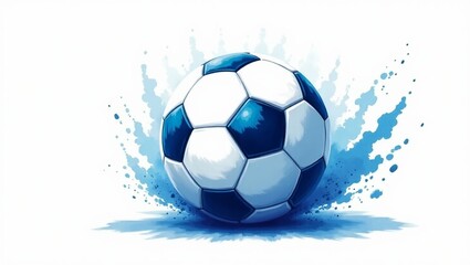 ilustração digital em aquarela de uma bola de futebol usando tons vibrantes de azul e branco. A bola deve ter texturas de pinceladas fortes e respingos dinâmicos de aquarela explodindo para fora.