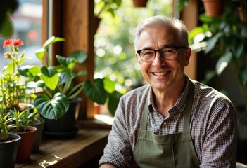 Senior man with glasses smiling in a greenhouse surrounded by potted plants and greenery
