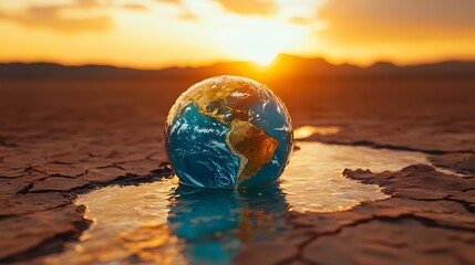 A melting Earth dripping slowly onto a cracked desert floor, symbolizing climate change, global warming, and the planet’s growing environmental crisis.