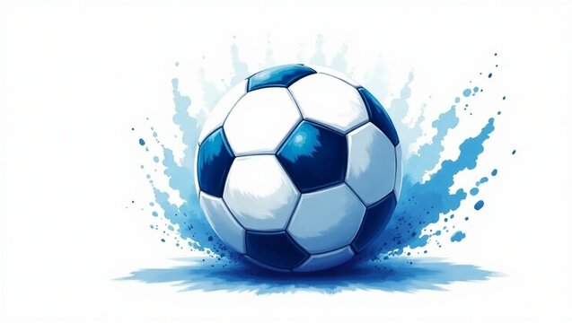ilustra&ccedil;&atilde;o digital em aquarela de uma bola de futebol usando tons vibrantes de azul e branco. A bola deve ter texturas de pinceladas fortes e respingos din&acirc;micos de aquarela explodindo para fora.