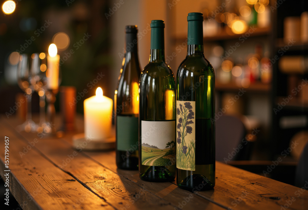 Poster three wine bottles with labels are displayed on a rustic wooden table in a cozy, warmly lit setting