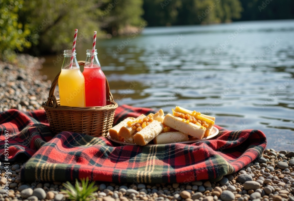 Poster picnic setup with juice bottles and sandwiches on a riverbank with trees in the background