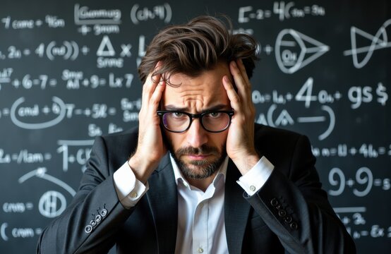 Confused man in formal suit holding head with hands in front of blackboard filled with mathematical formulas