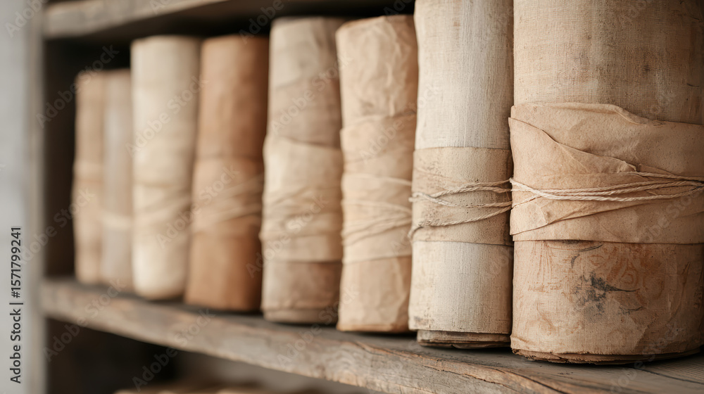 Fototapete old parchment scrolls tied with string are neatly arranged on a wooden shelf, evoking a sense of his