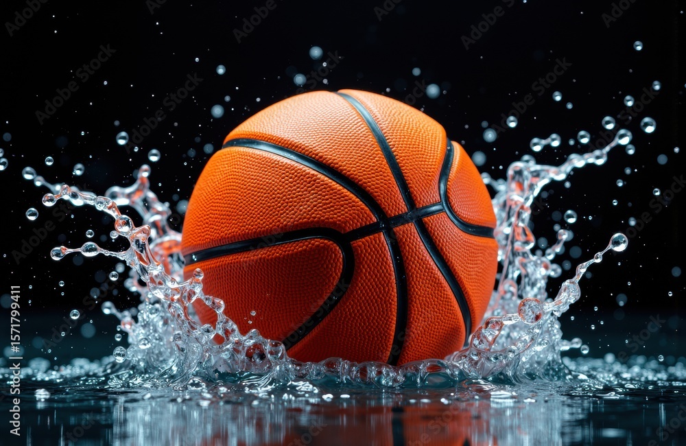 Poster a basketball splashes into water creating dynamic droplets and movement