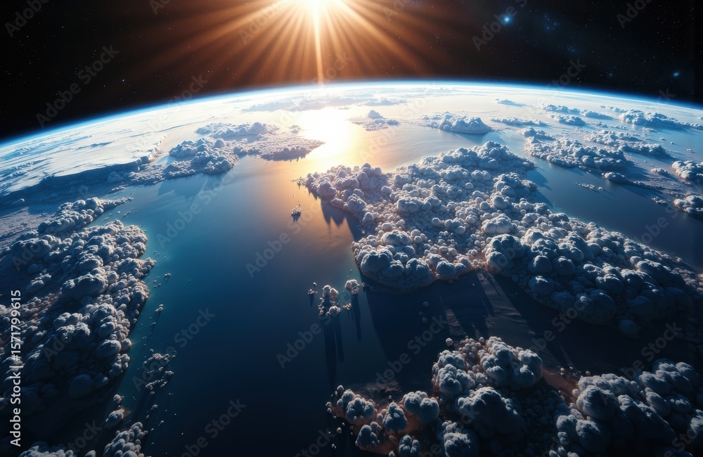 Poster sunrise over earth with clouds and ocean view from space showing curvature and atmosphere
