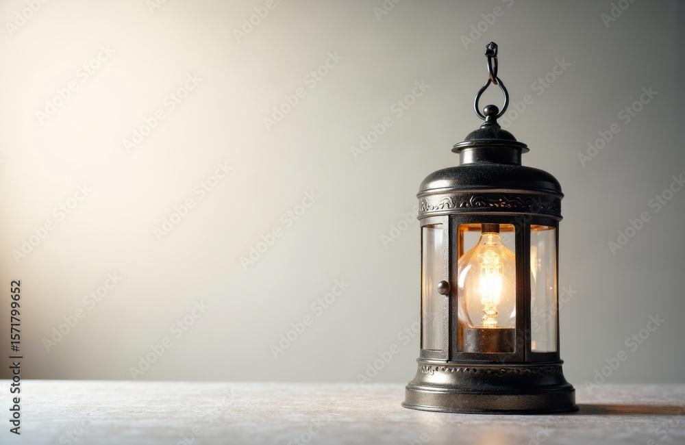 Poster vintage lantern with warm glowing light on a neutral background and empty space for text