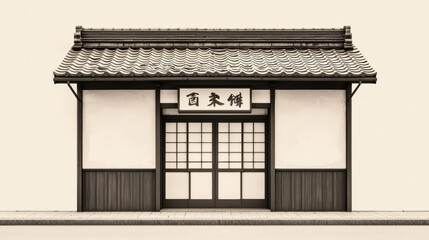 Traditional Japanese storefront with a tiled roof, wooden panels, and sliding shoji doors, showcasing minimalist architectural design.