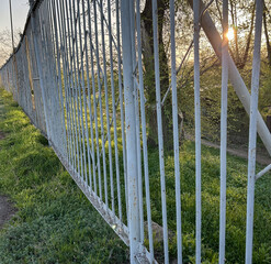 Metal fence along a green grassy path at sunset in spring. Warm evening light shining through trees and creating a peaceful natural atmosphere
