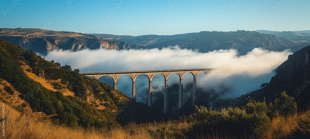 Poster majestic long bridge spanning a deep valley with low-hanging clouds creating a serene and dramatic b