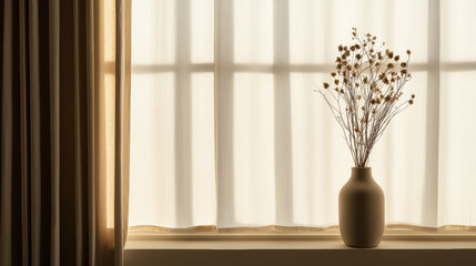A minimalist scene with a brown vase holding dried flowers sits on a windowsill, softly lit by natural light filtering through sheer curtains.