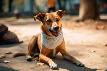 Happy dog with bandaged neck resting outdoors. Pet care and recovery