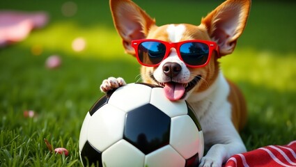 um cãozinho feliz deitado na grama verde vibrante, usando óculos escuros vermelhos enormes e sorrindo com a língua de fora.