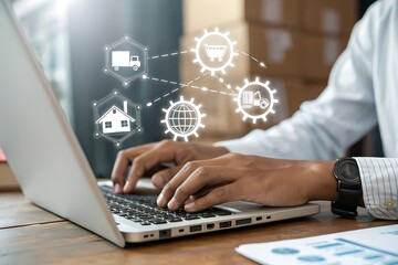 Logistic and transport concept, Businessman using laptop with supply chain technology for logistic management, organizing and controlling resources to meet the needs of customers.