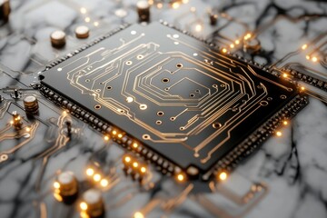 A close-up shot of a computer processor unit with gold circuitry on a grey abstract patterned background, highlighting technology.
