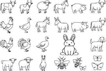 Barnyard Line Icons: Donkey, Ox, Horse, Pig & Thin Linear Farm Animal Vector Pack