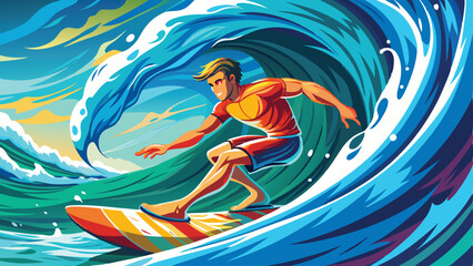Surfer rides a big wave – A surfer who skillfully rides a big wave.
