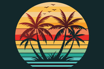 Vector illustration of tropical sunset logo with palm trees and multicolored gradient background design