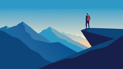 Lone Hiker on Mountain Ridge – A hiker standing alone on a narrow ridge and looking at the vastness.