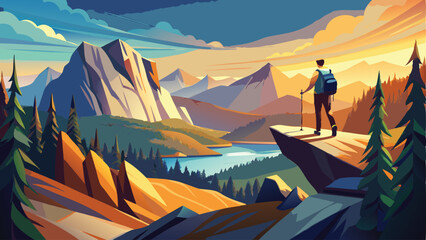Lone Hiker on Mountain Ridge – A hiker standing alone on a narrow ridge and looking at the vastness.