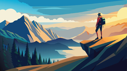 Lone Hiker on Mountain Ridge – A hiker standing alone on a narrow ridge and looking at the vastness.