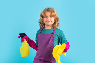 Portrait of child cleaning, concept growth, development, family relationships. Housekeeping and...