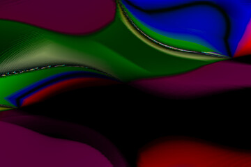 abstract fluid wave shapes background. 3d line art image, wavy. green, blue, wine red on black background. flying carpet, copy space