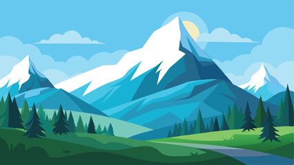 Tranquil Alpine landscape with snow-capped peaks as a simple vector illustration.