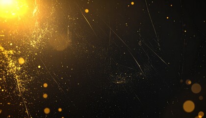 チャコールブラックの背景に黄金色のライトリークが温かく広がり、細かな埃とスクラッチが散りばめられたレトロなダメージフィルムエフェクトで懐かしさを感じさせるシーンに最適

