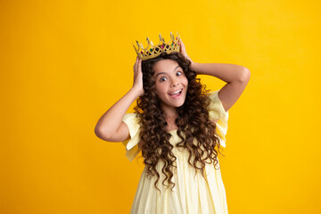 Teenager princess child celebrates success win and victory. Teen girl in queen crown. Happy...
