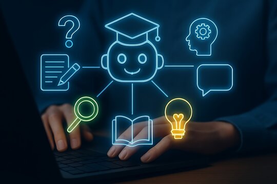 Neon glowing education icons connected to a student figure over a laptop