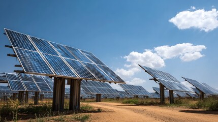Solar panels in a field under a blue sky