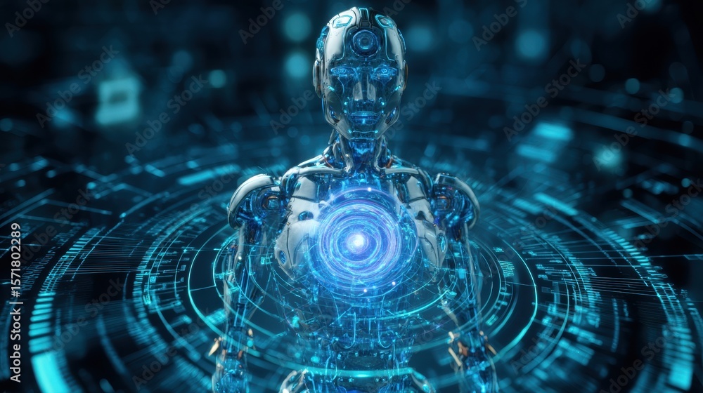 Poster a futuristic robot with a glowing core is displayed in a digital and technological environment, the 