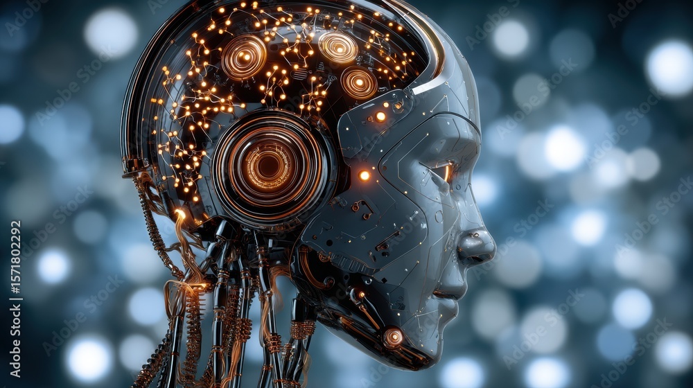 Poster a close-up profile of a futuristic robot with detailed features and glowing circuitry, against a bok