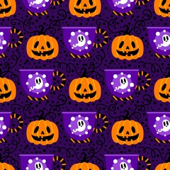 Autumn harvest vegetable seamless monster Halloween pumpkins pattern for wrapping paper and fabrics