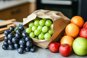 Organic Fruit Grocery Bag with Fresh Apples, Oranges, and Grapes for a Healthy Lifestyle Choice