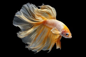 Fototapeta premium A golden Betta fish with flowing fins is centered against a stark black background