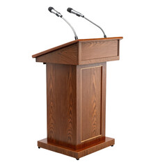 Elegant wooden podium with two microphones isolated on transparent background