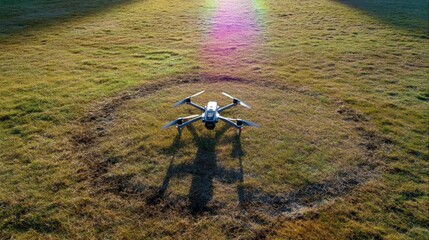 Obraz premium Drone landing on a field creating a shadow under the sun, ready to take off and explore. Drone is captured in a wide shot 