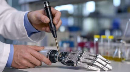 Obraz premium Scientist repairing a robotic hand, focused on technological advancement and scientific innovation. The scene captures the essence of precision, innovation, and the human-technology interface