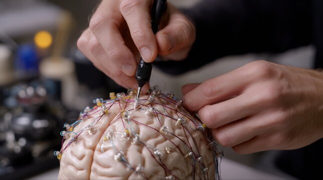 A scientist carefully placing probes on a brain model for neurological study. The scene evokes a sense of scientific precision and the complexity of the human mind.