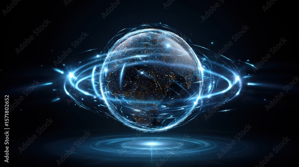 Poster a digital representation of earth with illuminated rings of light orbiting around it, representing g