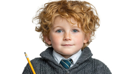 A cute boy with red curly hair holds a pencil isolated on transparent background