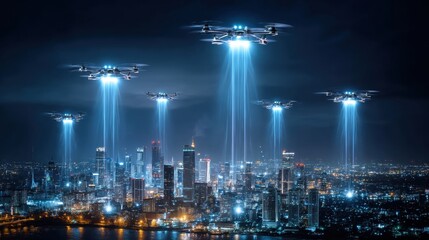 Obraz premium Drone delivery system over night cityscape. Multiple drones with bright beams of light illuminating the city below. 