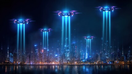 Obraz premium Futuristic city with flying drones emitting bright blue light beams over the skyline at night