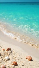 Sun-Kissed Shore Turquoise Waters Gently Lap the Sandy Beach, Seashells Scattered Along the Tideline - Perfect for Relaxing Vacation Imagery