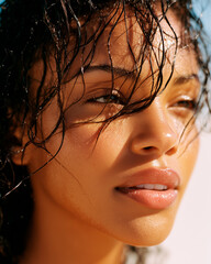 A close-up portrait of a Black woman with wet hair, in the sun. She has natural makeup and glossy lips