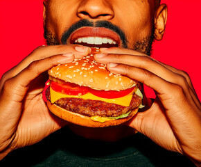 lose-up of a white man eating a burger , black shirt