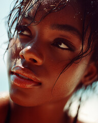 A close-up portrait of a Black woman with wet hair, in the sun. She has natural makeup and glossy lips