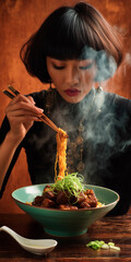 young Asian woman with black hair eating wok noodles with chopsticks and Shanghai-style braised pork, with reddish-brown sauce. Steam rises out 